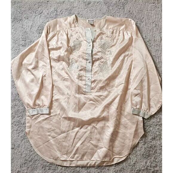 VTG Lucie Ann Pink Embroidered Nightgown Collar long sleeve Nylon Silky Large XL - Picture 1 of 5